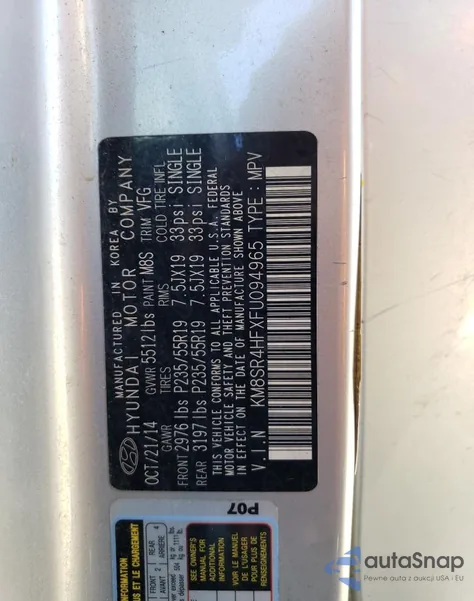 2015 Hyundai Santa Fe Gls z USA, uszkodzony, nr VIN KM8SR4HFXFU094965